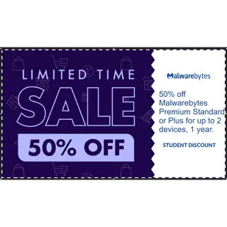 Coupon Malwarebytes Premium Standard or Plus  Plan 50% Off