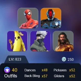 40 skins Merry Mint Axe . Spider-Man . Naruto Uzumaki . Kakashi . Peely . Thor .PSQ08