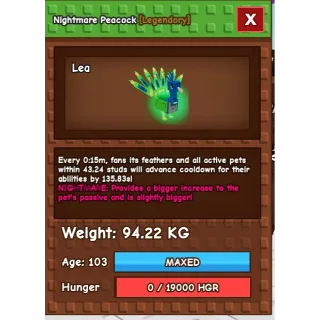  nightmare ferret 38-39kg + 1 60kg mimic + 3  Pieces of titanic peacock (15 seconds peacock) 