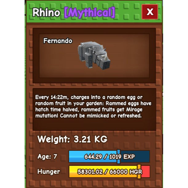 rhino (base weight 2.08kg) - Grow a Garden Game Item - Gameflip