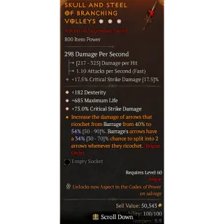  Season 6 800IP 3GA Legendary Sword 182 Dex 685 max life 75% Crit damage Diablo 4