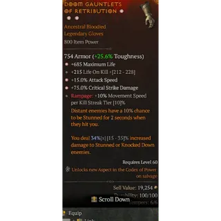 3GA Gloves Max life Attack speed Critical Damage Diablo 4  S12