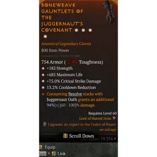 S11 4GA Gloves 182 Strength 685 max life 75% Critical damage and 13.2% CDR Diablo 4