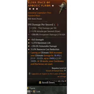 Diablo 4 S11 Mace 4GA 363 Strength 1370 Max life 150% Vulnerable damage 21% Rcr