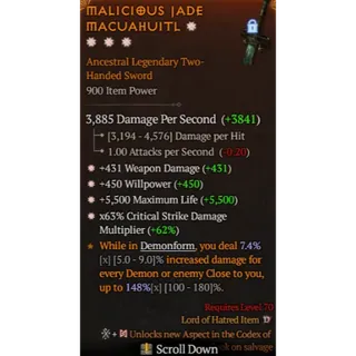 Diablo 4 S13 4GA Sword Weapon Dmg Willpower Max life Critical Dmg Multiplier
