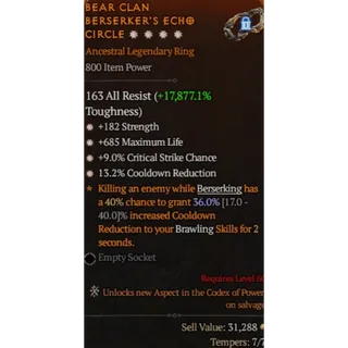 S12 Ring 4GA 182 Strength 685 Max life 9% Critical chance 13.2% CDR Diablo 4
