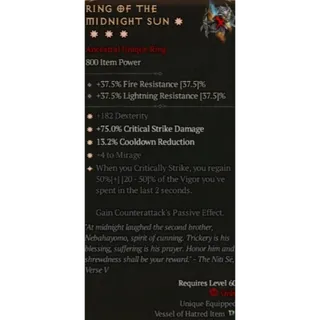 S11 Ring of the Midnight Sun 4GA special affix max roll 50% Diablo 4