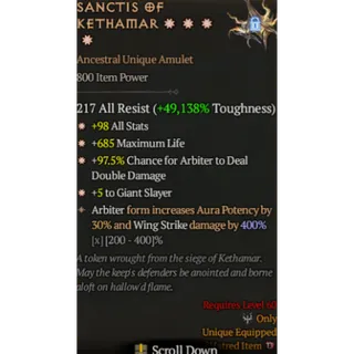 Diablo 4 S11 Sanctis of kethamar 4GA special affix max roll 400%