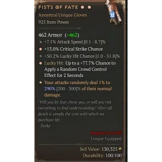 Season 5 925IP 2GA Fists of Fate Special affix high roll 290% Diablo 4 