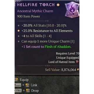 Warlock 1GA Hellfire Torch Mythic Charm 4 To All Skills Diablo 4 S15 