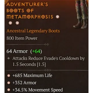 Season 6 800IP 3GA Boots 685 Max life 352 armor 34.5% Movement speed Diablo 4