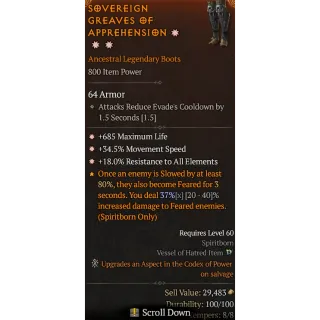 Season 6 3GA boots 685 Max life 34.5% Movement Speed 18% to all element Diablo 4