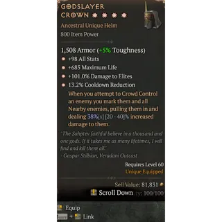 S12 Godslayer Crown 4GA special affix High roll 38% Diablo 4