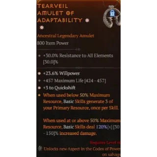 S10Legendary Amulet 2GA 23.6% Willpower 3 to Quickshift Diablo 4