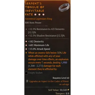  Season 6 Legendary ring 3GA 182 Dex 685 max life 15% attack speed Diablo 4