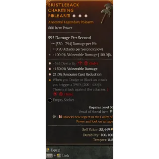 S10 Polearm 3GA 363 Dexterity 150% Vulnerable damage 21% RCR Diablo 4