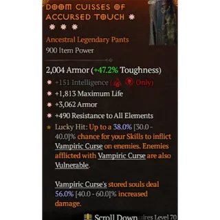 Pants 4GA Intelligence Max life Armor Resistance All Elements Diablo 4 S13