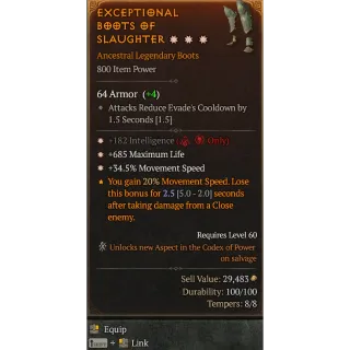 S10 Boots 3GA 182 Int 685 max life 34.5% Movement speed Diablo 4