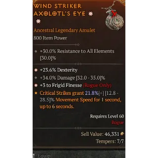 Season 6 Legendary amulet 2GA 23.6% Dexterity +3 to Frigid Finesse   Diablo 4