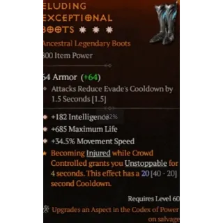S10 Boots 3GA 182 Int 685 max life 34.5% Movement speed Diablo 4