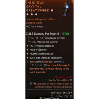  Two Handed Sword 4GA 431 Weapon damage 450 willpower 5500 Max life 25% Fire damage Diablo 4 S13