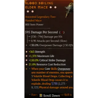 Diablo 4 S11 Two handed Mace 4GA Strength max life Critical damage Rce