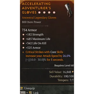 4GA Gloves Strength Max life Life on kill Armor Diablo 4 Season 12 