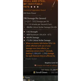 Diablo 4 S11 3GA Legendary Sword 182 Strength 60% Damage 75% Critical Damage 