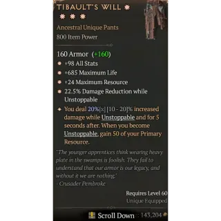 Season 6 800IP 4GA Tibault's will special affix max roll 20% Diablo 4