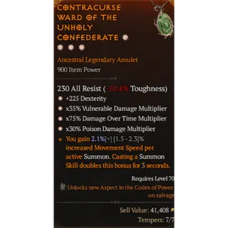 Diablo 4 S14 Amulet 4GA Dexterity Vulnerable Dmg Dmg over Time Poison Dmg