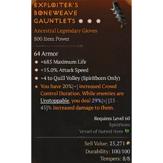 Season 6 800IP 3GA Legendary Gloves 685 Max life 15% Attack Speed 4 Quill Volley Diablo 4