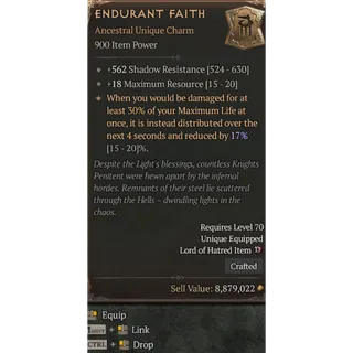 Unique Charm Endurant Faith 18 To Max Resource Diablo 4 S14