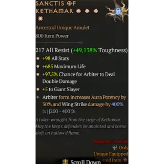 Diablo 4 S11 Sanctis of kethamar 4GA special affix max roll 400%