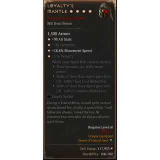 S12 4GA Loyalty's Mantle Special affix 56% Diablo 4