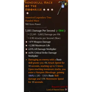4GA Legendary Mace Weapon Damage Max life All Damage Critical Damage Diablo 4 S13