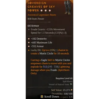 Season 6 3GA 800IP Legendary boots 182 Dexterity 685 Max life 352 Armor Diablo 4