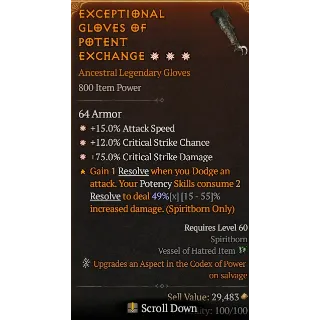  Season 6 3GA Gloves 15% Attack speed 12% crit chance 75% Crit damage   Diablo 4