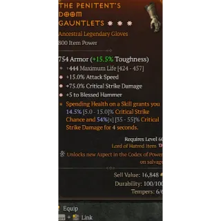 Diablo 4 S11 3GA Gloves 15% Attack speed 75% Critical damage 5 to blessed Hammer