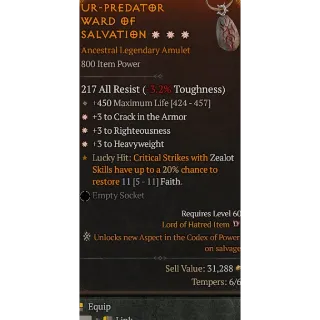 Diablo 4 S11 Amulet 3GA 3 to Crack in the armor 3 to Righteousness 3 Heavyweight