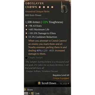 Eternal SC Godslayer Crown 4GA special affix max roll 40% Diablo 4