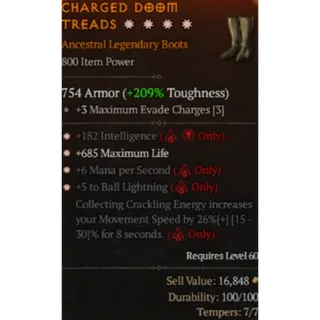 S12 4GA Boots Intelligence Max life Mana per Second 5 to ball lightning Diablo 4