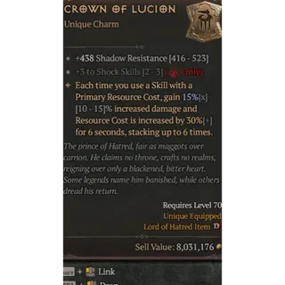 Unique Charm Crown Of Lucion 3 Shock Skills Special affix Max 15% Diablo 4 S13