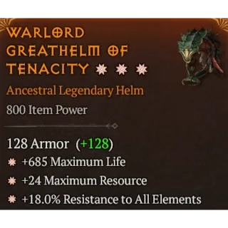 Season 6 3GA Legendary Helm 685 max life 24 max resource 18% resistance to all elements Diablo 4