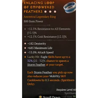 Season 6 Legendary ring 3GA 182 Dex 685 max life 15% attack speed  Diablo 4