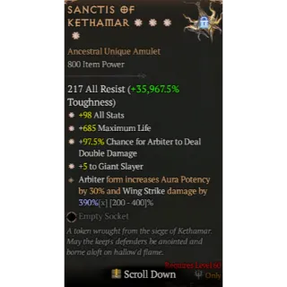 Diablo 4 S11 Sanctis of kethamar 4GA special affix high roll 390%