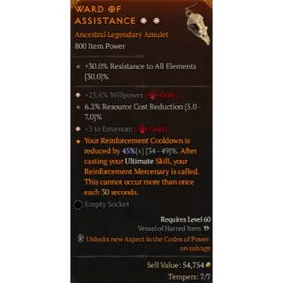 S10 Legendary amulet 2GA 23.6% Willpower 3 to envenom Diablo 4
