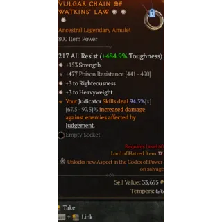 Diablo 4 S11 Amulet 3GA 153 Strength 3 to Righteousness 3 Heavyweight