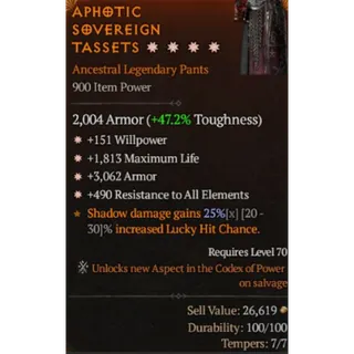 Pants 4GA Willpower Max life Armor Resistance All Elements Diablo 4 S13