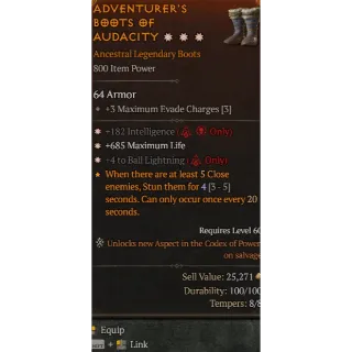 S10 Boots 3GA 182 Intelligence 685 max life 4 to ball lightning Diablo 4 