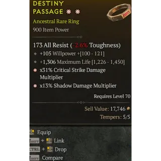  Ring 2GA x31% Critical damage x13% Shadow Damage Diablo 4 S13